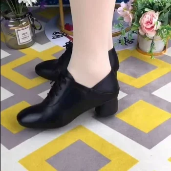 Черные тонкие женские туфли на толстом каблуке 2023, Весна и осень, Новая модная универсальная женская обувь для мам на среднем каблуке с глубоким вырезом 1