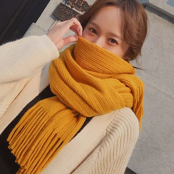 Шарф Женский Зимний Корейский Длинный утолщенный кашемировый Студенческий шерстяной шарф с бахромой, вязаный шейный платок для влюбленных, женский 1