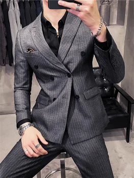 Элегантный мужской пиджак 2023, новинка в мужском повседневном блейзере в клетку и полоску, модный деловой блейзер для свадебной вечеринки 1