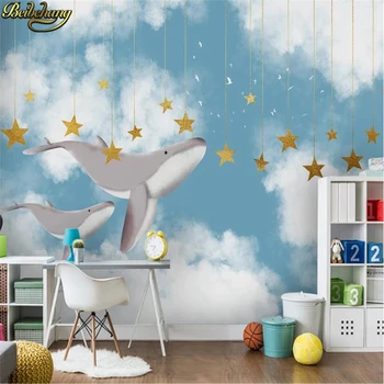 фотообои beibehang на заказ для стен, большие 3D обои, белое облако, звезды кита, обои для детской комнаты, домашний декор 1