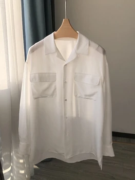 2023 Весенне-летняя женская свободная шелковая рубашка с имитацией Кубинского воротника и двойным карманом с длинными рукавами 2