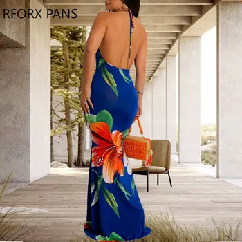 2023 Женское Шикарное платье с цветочным принтом, глубоким V-образным вырезом, бретельками-спагетти, Макси-сексуальное облегающее платье для отпуска на шнуровке 2