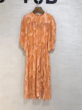 2023 Женское оранжевое платье миди с ржавым принтом, круглый вырез, рукава до половины, эластичный пояс, разрез спереди с оборками, модные длинные платья 2