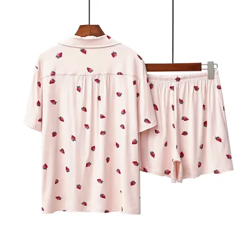 2023 Летняя новая пижама с принтом сладкой клубники, женские шорты с отложным воротником и коротким рукавом, пижамы, 2 предмета японской одежды Kawaii 2