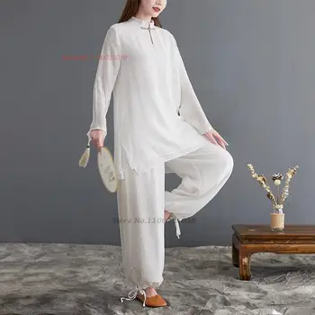 2023 китайский традиционный женский костюм дзен национальный чайный сервиз hanfu ретро хлопчатобумажная льняная блузка + брюки комплект восточный ретро комплект для йоги 2