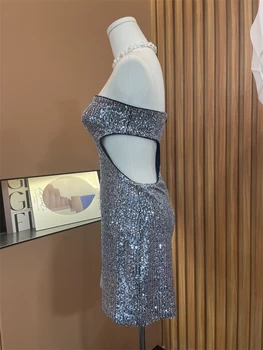 2023 новое модное выдолбленное платье без бретелек с блестками для женщин, тонкое сексуальное женское мини-платье для вечеринки в ночном клубе Y3652 2