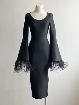 BEVENCCEL 2023, Новое летнее женское черное Сексуальное облегающее бандажное платье с длинными рукавами и перьями, Элегантное вечернее платье для клубной вечеринки 2