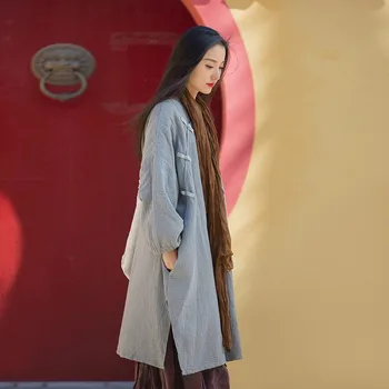 Johnature Женское винтажное платье с однотонной подставкой на пуговицах трапециевидной формы в китайском стиле 2023, весеннее новое хлопковое женское платье с длинным рукавом 2