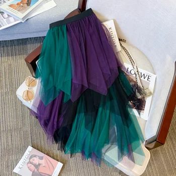 Kimotimo, нерегулярные сетчатые юбки, женские летние разноцветные лоскутные контрастные пышные длинные юбки трапециевидной формы, французская винтажная праздничная одежда 2