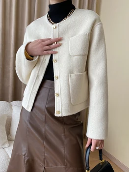 [LANMREM] Высококачественные Шерстяные Короткие Куртки Для Женщин С Круглым Вырезом И Длинным Рукавом, Однобортные Элегантные Пальто 2023, Новинка Осени 26D 2