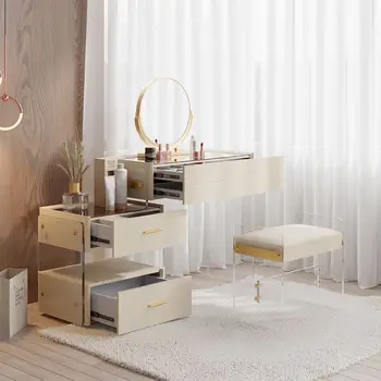 Белый Плавающий Выдвижной Туалетный столик для макияжа, Акриловый с Зеркалом, Табуреткой и выдвижными ящиками 2