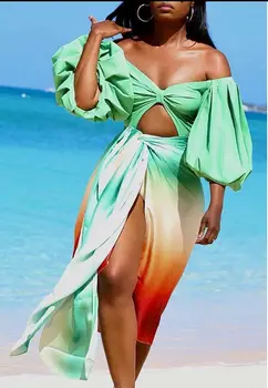 Весенне-летний женский костюм для пляжного отдыха с длинными рукавами и открытыми плечами, сексуальный темперамент, облегающий костюм-юбка с разрезным рукавом-пузырем 2