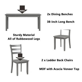 Деревянный обеденный набор TOPMAX из 5 предметов \ Кухонный стол с 2 обеденными стульями и 2 скамейками \ Фермерский дом в деревенском стиле\  Серый 2