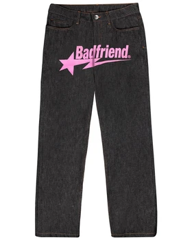 Джинсовая ткань с граффити и розовыми буквами, уличные свободные джинсы в обтяжку, прямые свободные брюки с высокой талией и широкими штанинами, тренд на вытирание штанин 2