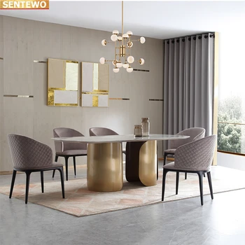 Дизайнерская роскошная столовая из мраморной плиты обеденный стол с 4 стульями mesa esstisch furniture мрамор Нержавеющая сталь золотое основание 2