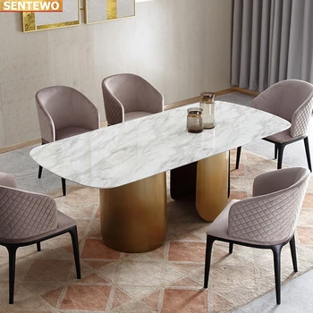 Дизайнерская роскошная столовая из мраморной плиты обеденный стол с 4 6 стульями mesa tische furniture Мраморное основание из нержавеющей стали и золота 2