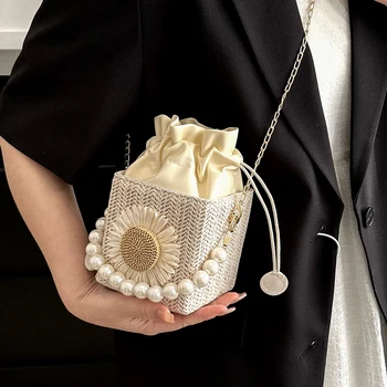 Женская квадратная сумка через плечо, летняя соломенная жемчужная сумка-ранец с солнечным цветочным орнаментом, сумки через плечо, женская сумка-мессенджер, сумки-тоутс 2
