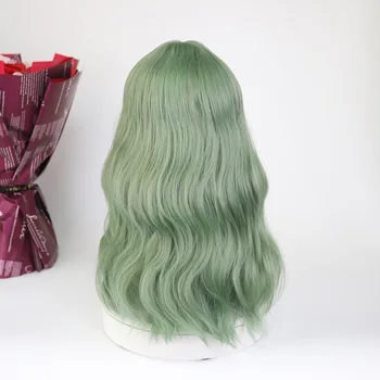 Женские синтетические парики Similler Средней длины, Термостойкие Вьющиеся волосы, парик цвета авокадо зеленого цвета с челкой для ежедневного использования 2