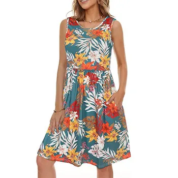 Женское повседневное летнее пляжное платье-жилет с принтом, Свободные плиссированные тонкие пляжные платья Hoilday для женщин 2023 2
