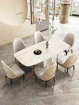 Итальянский светлый обеденный стол из роскошного мрамора в кремовом стиле, высококачественная комбинация прямоугольного обеденного стола и стула 2