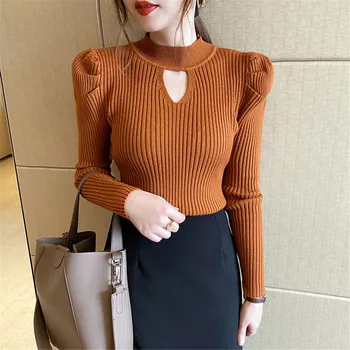 Корейская Мода Половина Водолазки Полые Вязаные Пуловеры для Женщин 2023 Новый Однотонный Свитер Многоцветный Низ Блузка ZY8001 2