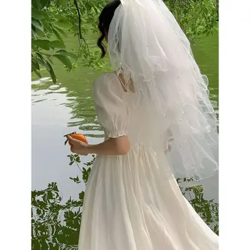 Корейское летнее женское платье Элегантное Белое кружевное шифоновое платье миди с коротким рукавом и вырезом лодочкой с открытыми плечами 2