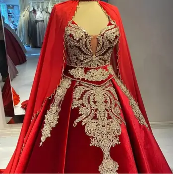 Красная бархатная пышная юбка, платья для выпускного вечера с накидкой 2023, Аппликация из золотого кружева, расшитого бисером, Арабский Кафтан, Албанское вечернее платье 2