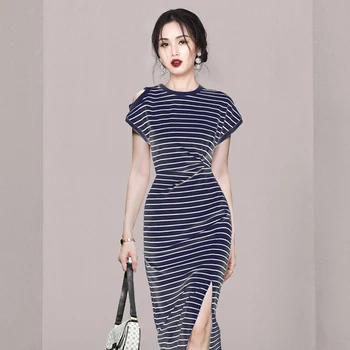 Летнее Корейское модное тонкое платье-карандаш, женские облегающие офисные платья в полоску, повседневные вечерние платья, Vestidos 2