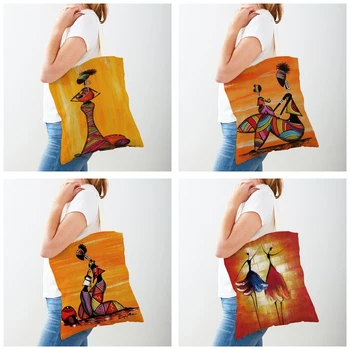 Модная оранжевая сумка для покупок Africa Life Girl, повседневная многоразовая холщовая сумка с двойным принтом, мультяшная женская сумка-тоут, женские сумки для покупок 2