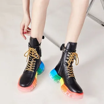 Новые ботинки из натуральной кожи на платформе со шнуровкой, высокие квадратные каблуки, женская обувь на толстой подошве до середины икры Botas De Mujer BC5078 2