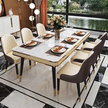 Обеденный стол в скандинавском стиле, прямоугольный обеденный стол, мебель для ресторана на вилле из углеродистой стали, сочетание мраморных стульев 2