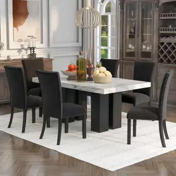 Обеденный стол с черным стулом из 7 предметов, 1 Обеденный прямоугольный стол из искусственного мрамора и 6 стульев с мягкими сиденьями 2