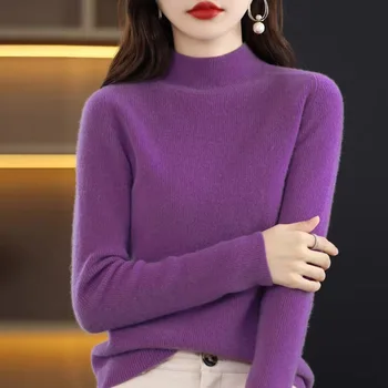 Полушерстяной Новый женский однотонный пуловер с высоким воротом, свитер-основа, вязаный свитер на осень-зиму 2023 года W173 2