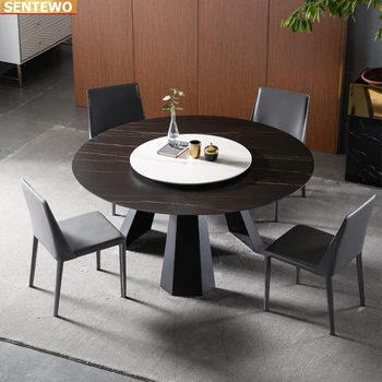 Роскошный Дизайнерский обеденный стол из круглой мраморной плиты, 4 стула, мебель mesa de jantar tisch, нержавеющая сталь, золотая основа 2