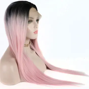 Синтетический парик на кружеве с черными корнями, омбре, Живое Розовое Прямое Термостойкое волокно, натуральный пробор посередине линии роста волос для женщин 2
