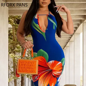 2023 Женское Шикарное платье с цветочным принтом, глубоким V-образным вырезом, бретельками-спагетти, Макси-сексуальное облегающее платье для отпуска на шнуровке 3