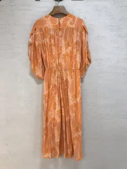 2023 Женское оранжевое платье миди с ржавым принтом, круглый вырез, рукава до половины, эластичный пояс, разрез спереди с оборками, модные длинные платья 3