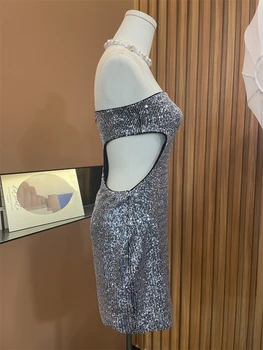 2023 новое модное выдолбленное платье без бретелек с блестками для женщин, тонкое сексуальное женское мини-платье для вечеринки в ночном клубе Y3652 3