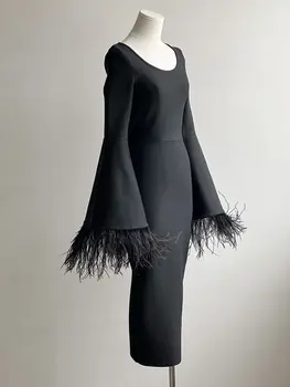 BEVENCCEL 2023, Новое летнее женское черное Сексуальное облегающее бандажное платье с длинными рукавами и перьями, Элегантное вечернее платье для клубной вечеринки 3