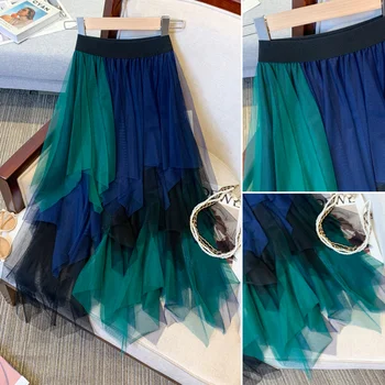 Kimotimo, нерегулярные сетчатые юбки, женские летние разноцветные лоскутные контрастные пышные длинные юбки трапециевидной формы, французская винтажная праздничная одежда 3