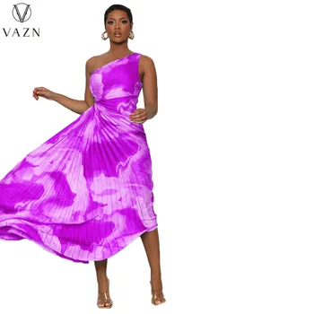 VAZN 2023 Высококачественное Шифоновое Праздничное Сексуальное Милое Плиссированное Женское Длинное Асимметричное платье с рукавом-майкой с открытыми плечами и высоким запястьем 3