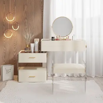 Белый Плавающий Выдвижной Туалетный столик для макияжа, Акриловый с Зеркалом, Табуреткой и выдвижными ящиками 3