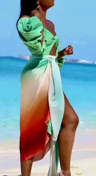 Весенне-летний женский костюм для пляжного отдыха с длинными рукавами и открытыми плечами, сексуальный темперамент, облегающий костюм-юбка с разрезным рукавом-пузырем 3