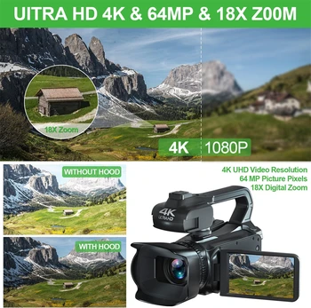 Видеокамера Видеокамера 4K Автофокус Vlogging Камера для YouTube 64MP 60FPS WiFi Веб-камера 4 