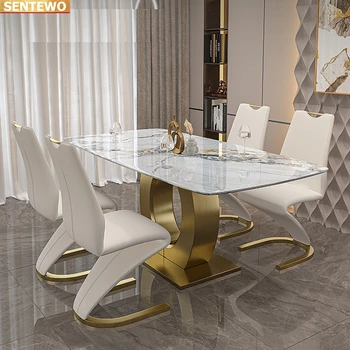 Дизайнерская роскошная столовая из мраморной плиты обеденный стол с 4 стульями mesa de jantar a manger Мраморное основание из нержавеющей стали и золота 3
