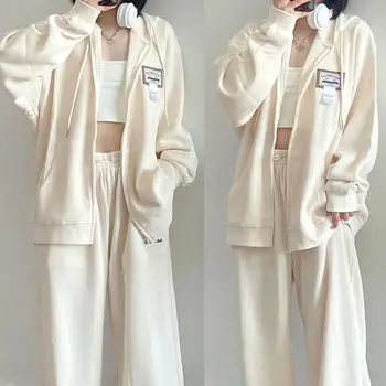 Женская Новая свободная тонкая модель, толстовка с капюшоном оверсайз, однотонная молочная толстовка с капюшоном на молнии, весеннее Корейское модное пальто-кардиган 3