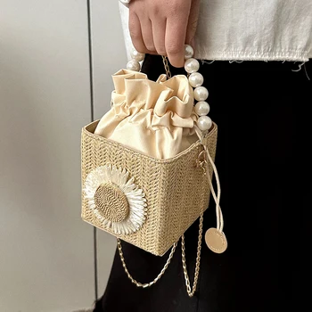 Женская квадратная сумка через плечо, летняя соломенная жемчужная сумка-ранец с солнечным цветочным орнаментом, сумки через плечо, женская сумка-мессенджер, сумки-тоутс 3