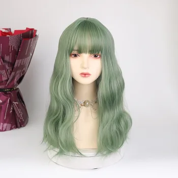 Женские синтетические парики Similler Средней длины, Термостойкие Вьющиеся волосы, парик цвета авокадо зеленого цвета с челкой для ежедневного использования 3