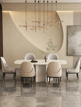 Итальянский светлый обеденный стол из роскошного мрамора в кремовом стиле, высококачественная комбинация прямоугольного обеденного стола и стула 3