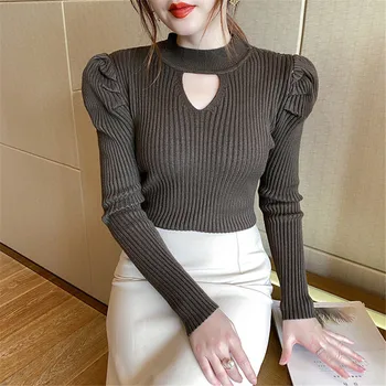 Корейская Мода Половина Водолазки Полые Вязаные Пуловеры для Женщин 2023 Новый Однотонный Свитер Многоцветный Низ Блузка ZY8001 3